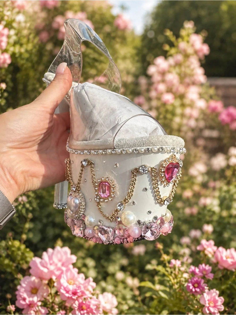 White Jeweled Platform Heels with Pink Crystal Accents